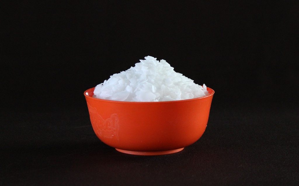 caustic soda flakes in bowl